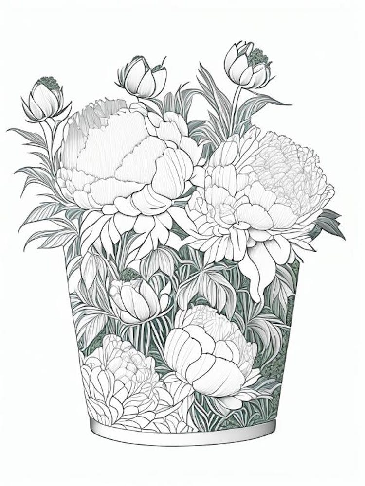 Container Of Peonies In Garden 1 Drawing