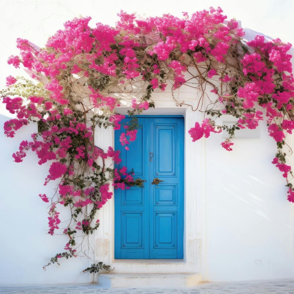 Blue Door With Pink Bougainvillea 1