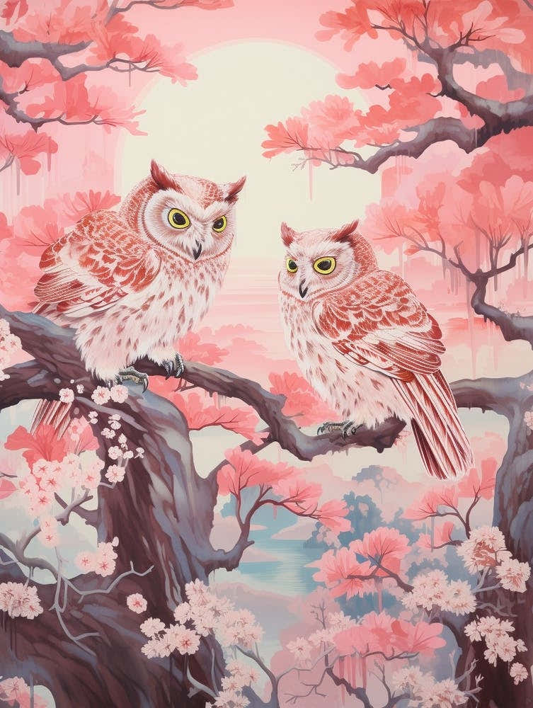 Vintage Japanese Inspired Bird Print Eastern Screech Owl 4