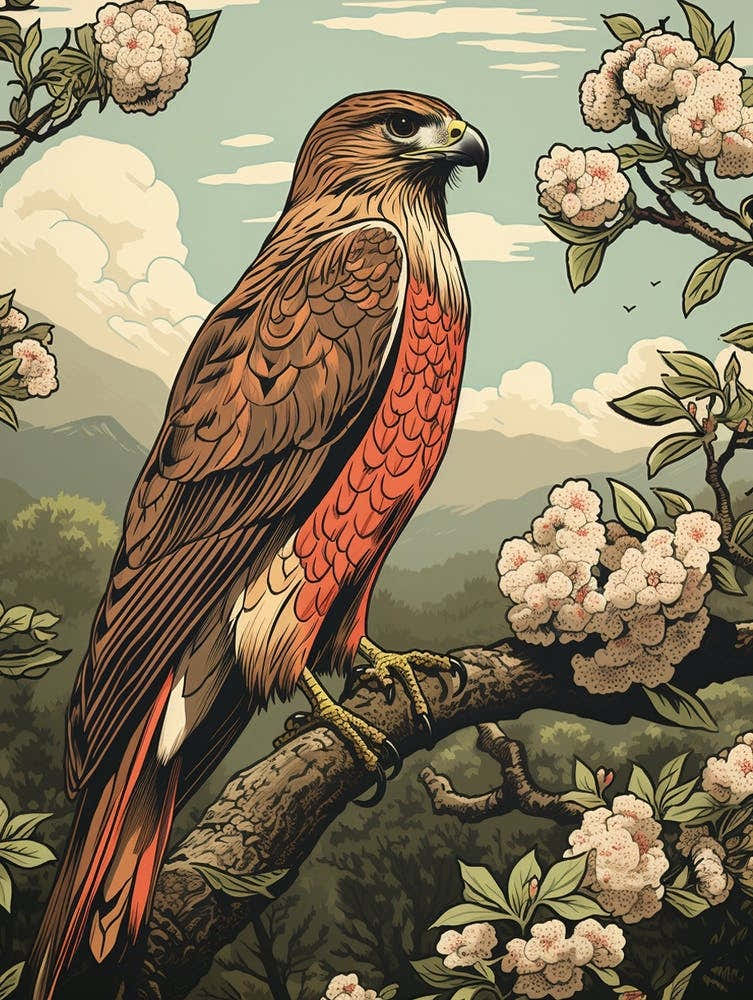 Vintage Bird Linocut Red Tailed Hawk 1
