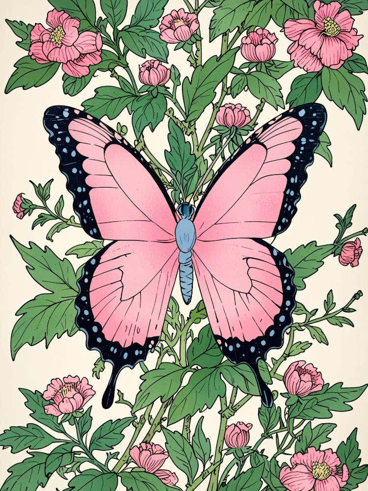 Pink Butterfly On Pink Flowers