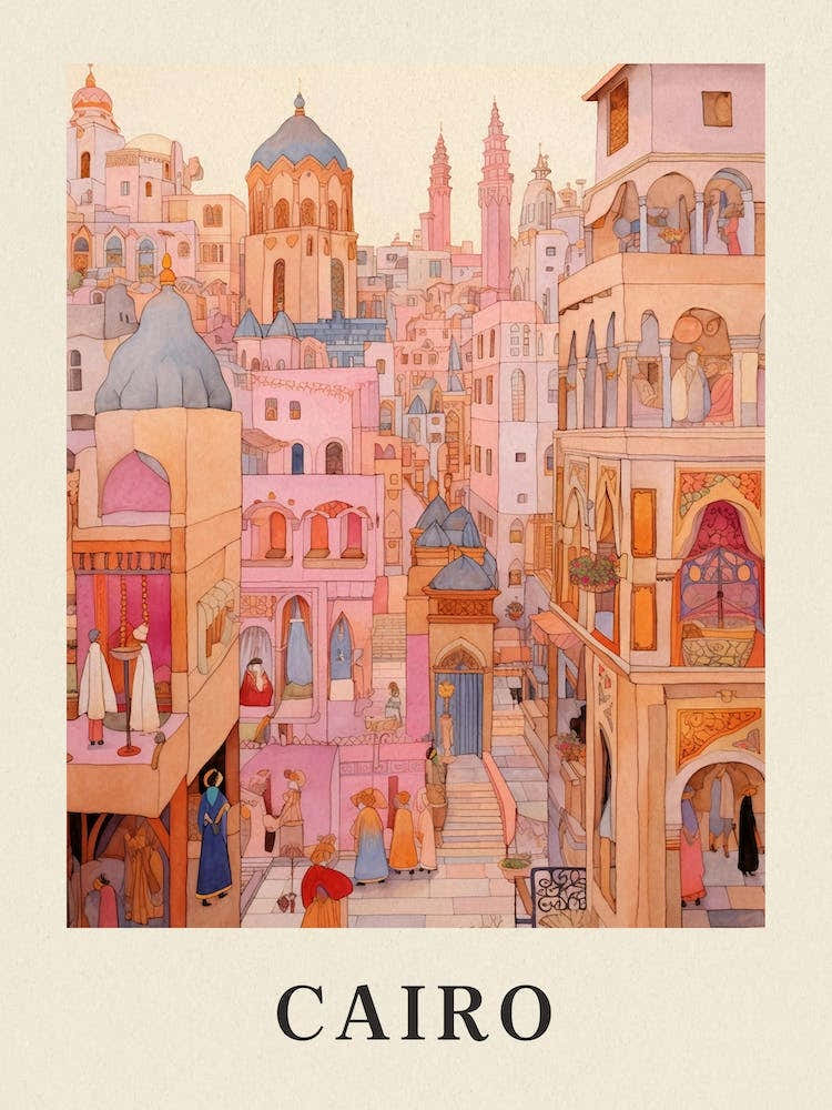 Cairo Egypt 3 Vintage Pink Travel Illustration Poster