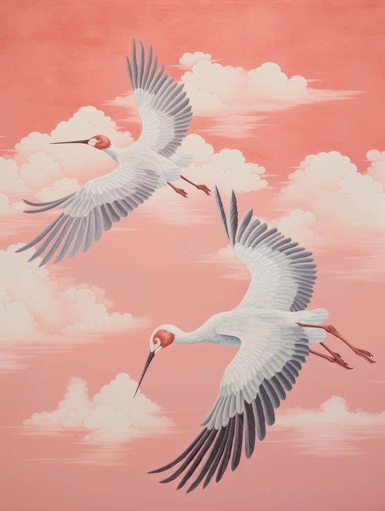 Vintage Japanese Inspired Bird Print Crane 1