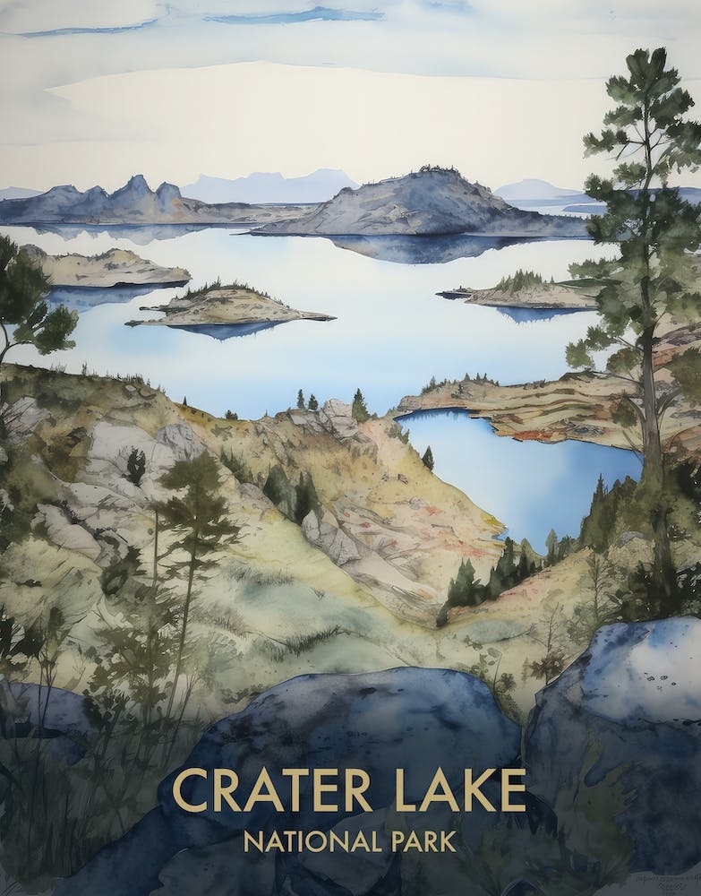 Crater Lake National Park Watercolour Vintage Travel Poster 3