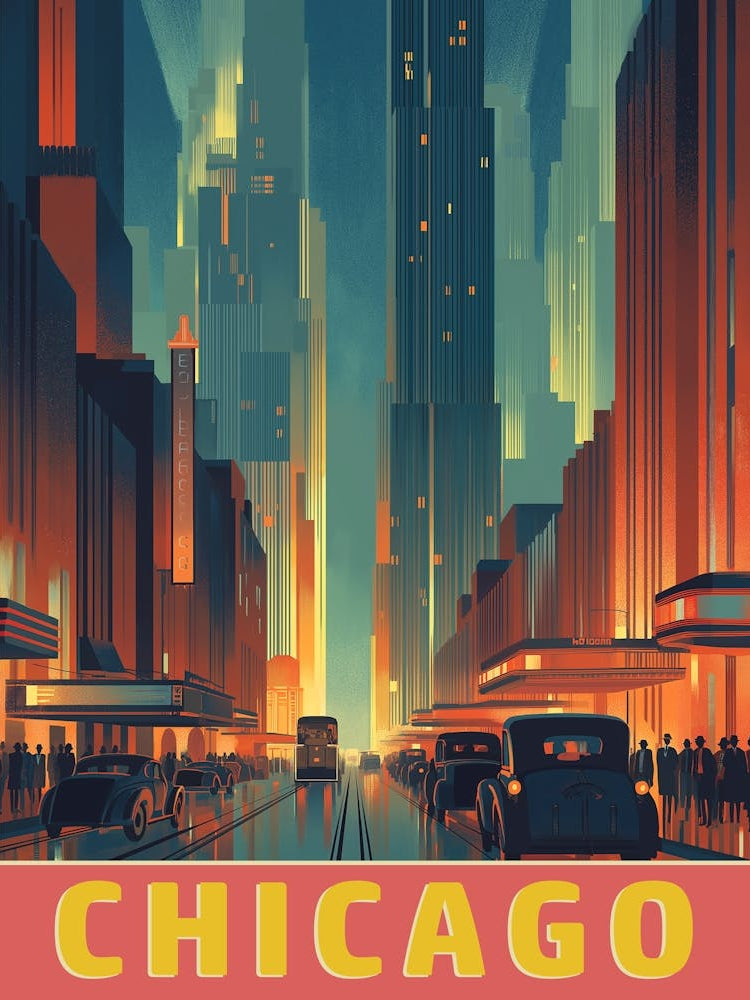 Chicago Magnificent Mile – Retro Cityscape & Illuminated Night Vintage Poster
