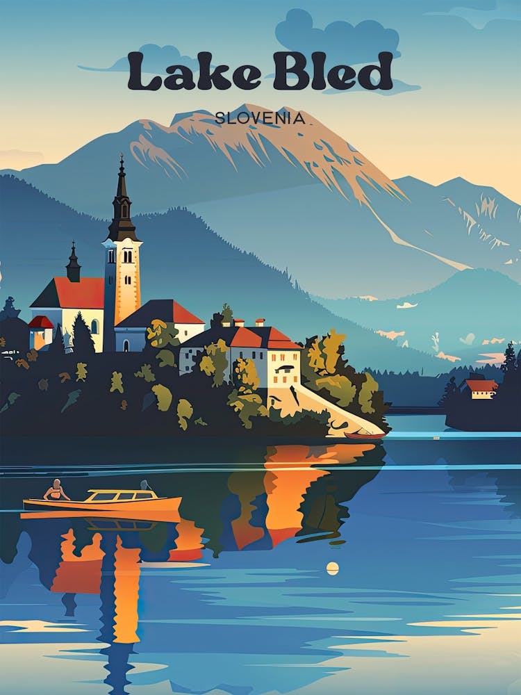 Lake Bled Julian Alps Travel Art Illustration
