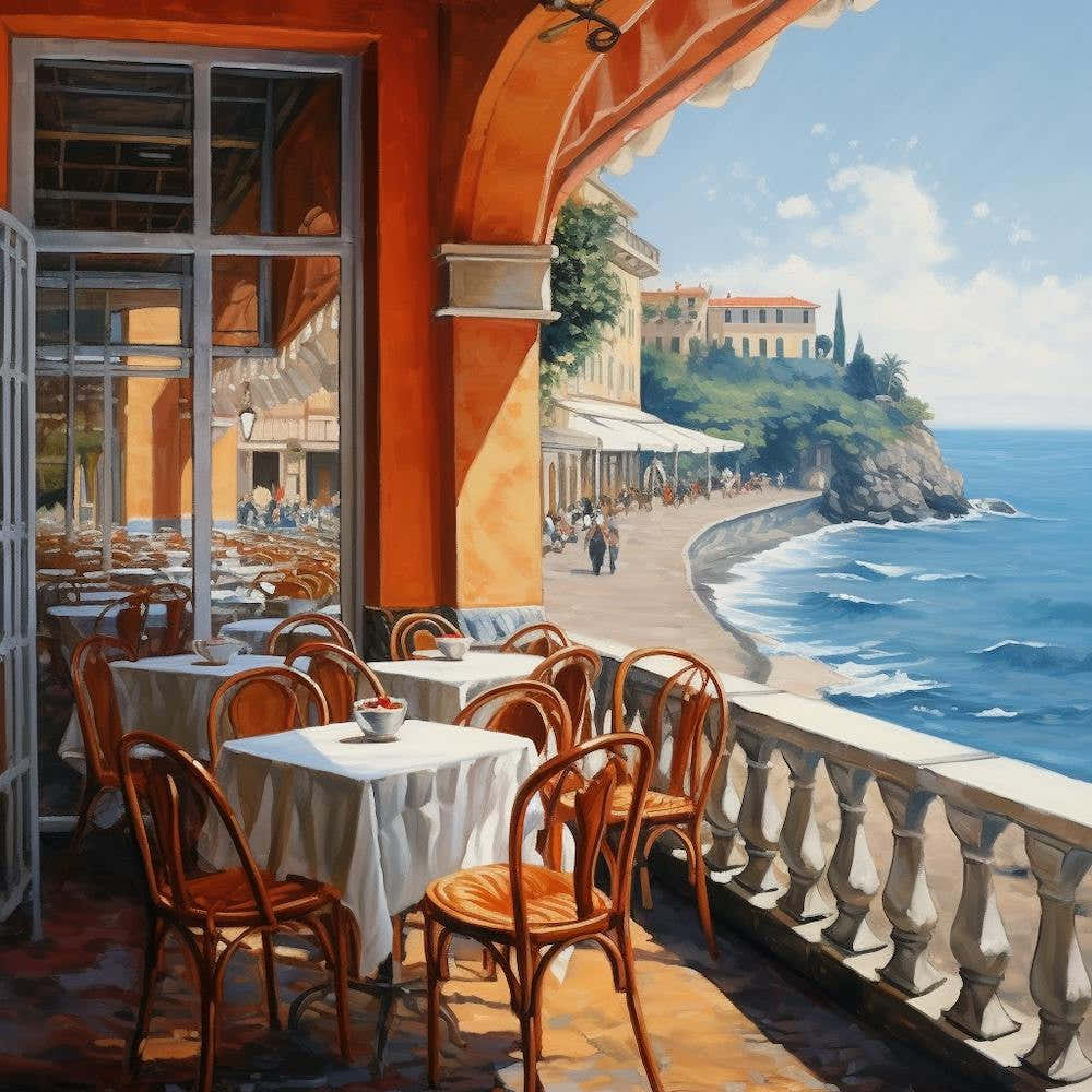 Oil Painting Of A Cafe In Italy With Ocean View 1