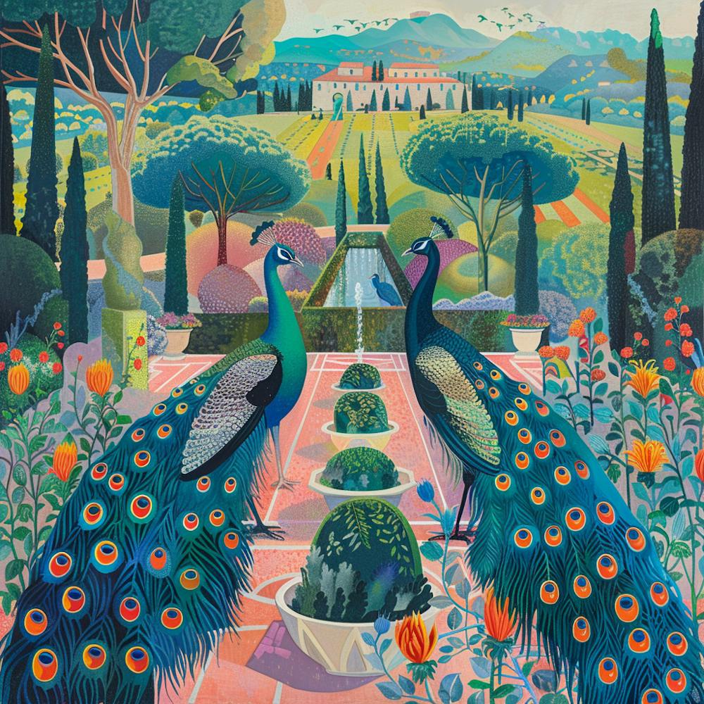 Peacocks in a Renaissance Garden Series. In Style of David Hockney 3