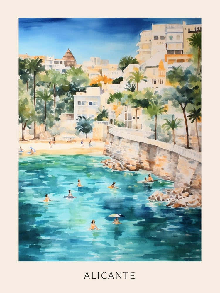 Swimming In Alicante Spain Watercolour Poster