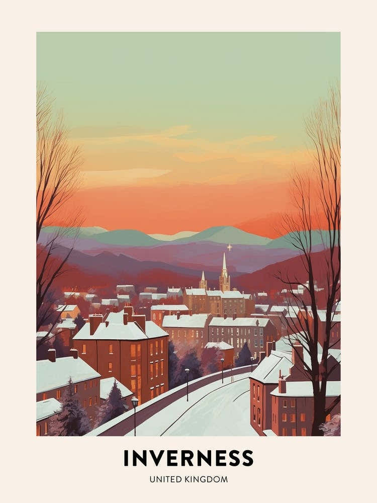 Vintage Winter Travel Poster Inverness United Kingdom 1