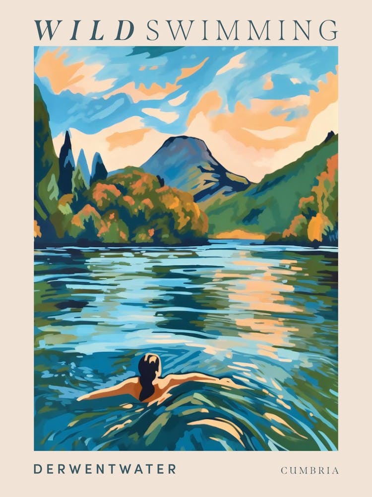 Wild Swimming At Derwentwater Cumbria 1 Poster