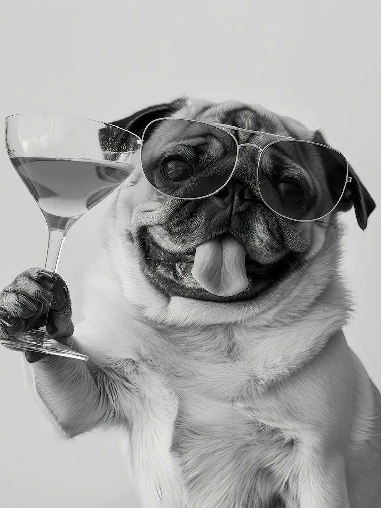 Pug Holding Cocktail Wall Art, Black And White Print, Dog Gift, Pug Martini Alcohol Print, Funny Dog Poster, Bar Cart Art Decor