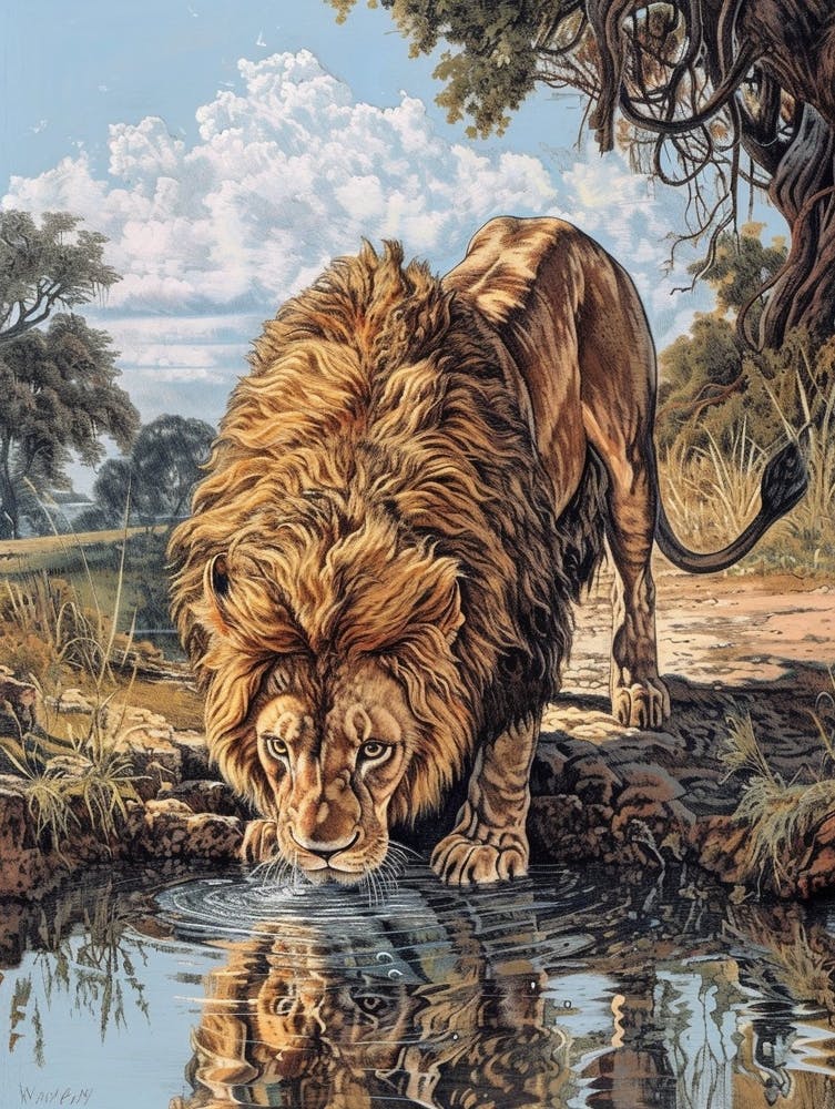 Barbary Lion Relief Illustration Drinking 1