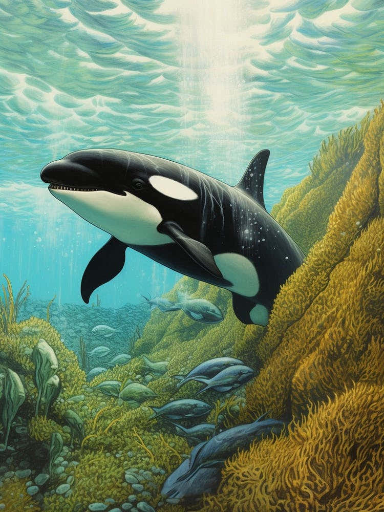 Storybook Style Orca Whale Illustration Underwater, Swimming With Fish