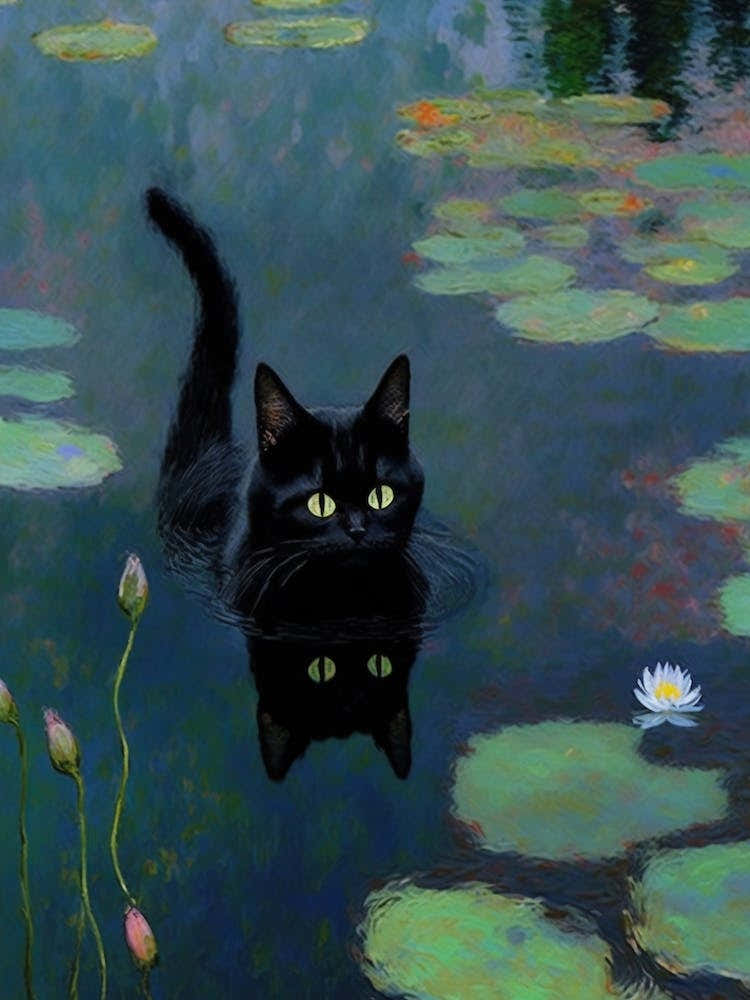 Monet  Style Water Lilies With Black Cat