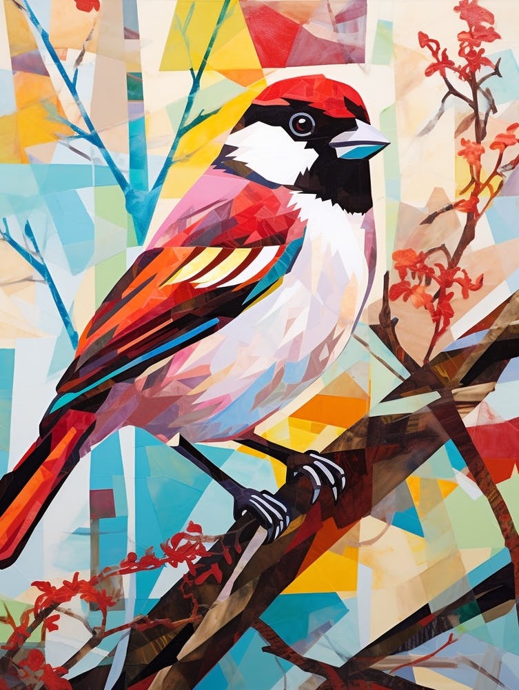 Bird Painting Collage House Sparrow 3