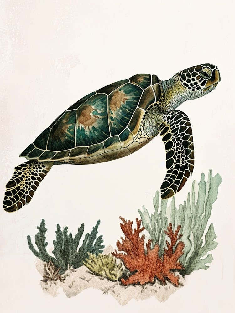Minimalist Coral Sea Turtle Illustration