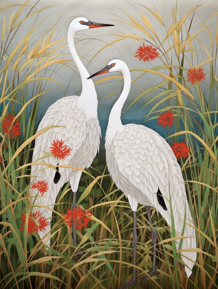 Cranes In Silver Grass 3 Vintage Japanese Botanical