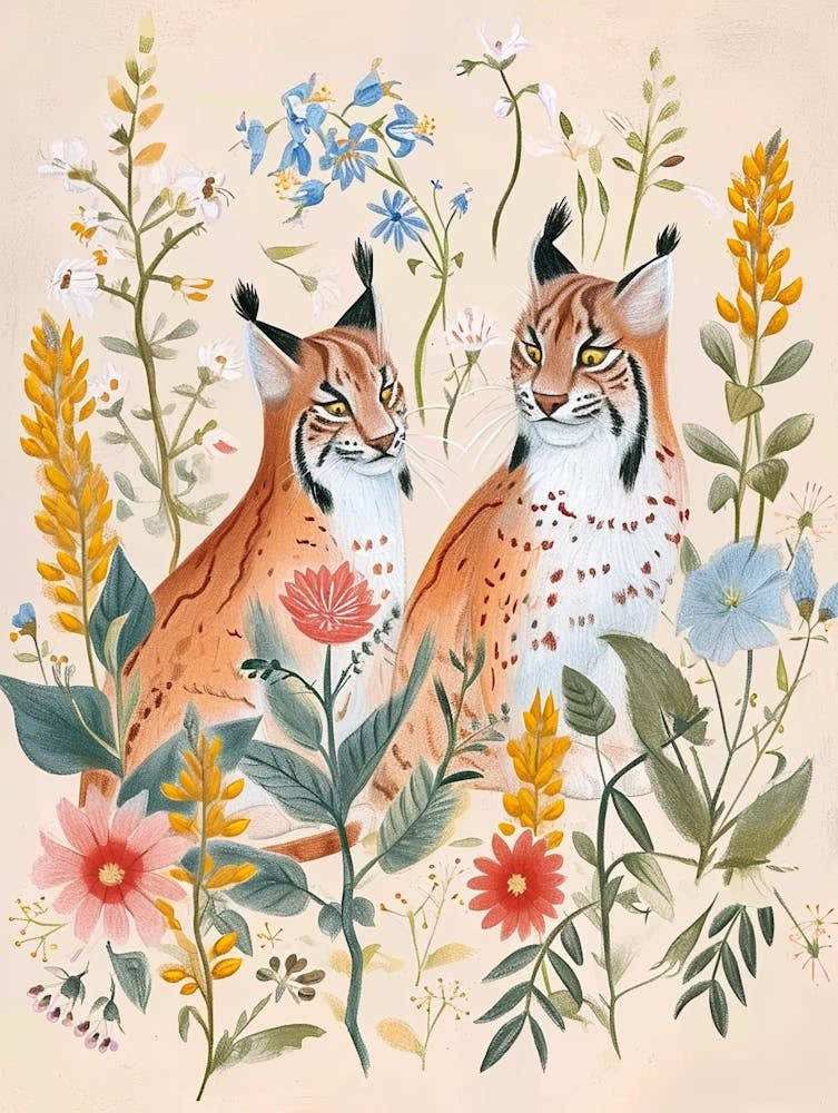 Folksy Floral Animal Drawing Bobcat 4