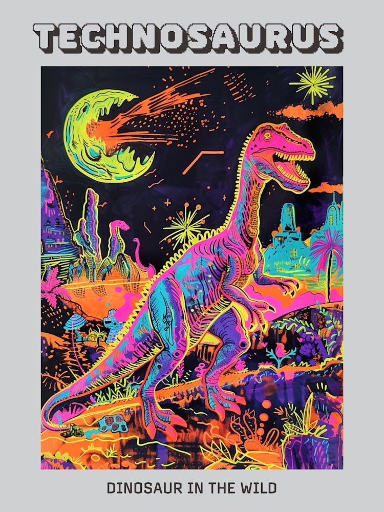Neon Abstract Dinosaur In The Wild Poster