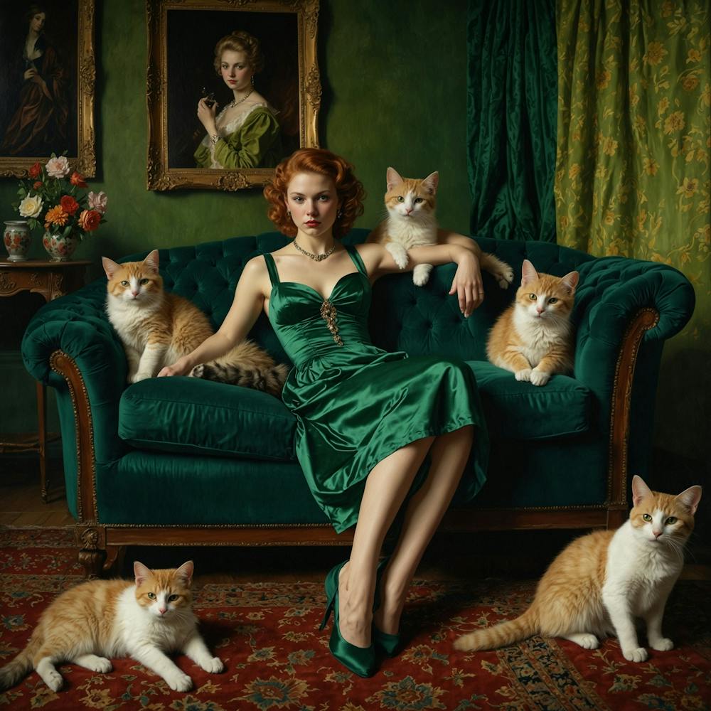 Decadent Young Woman After The Dance With Cats Green