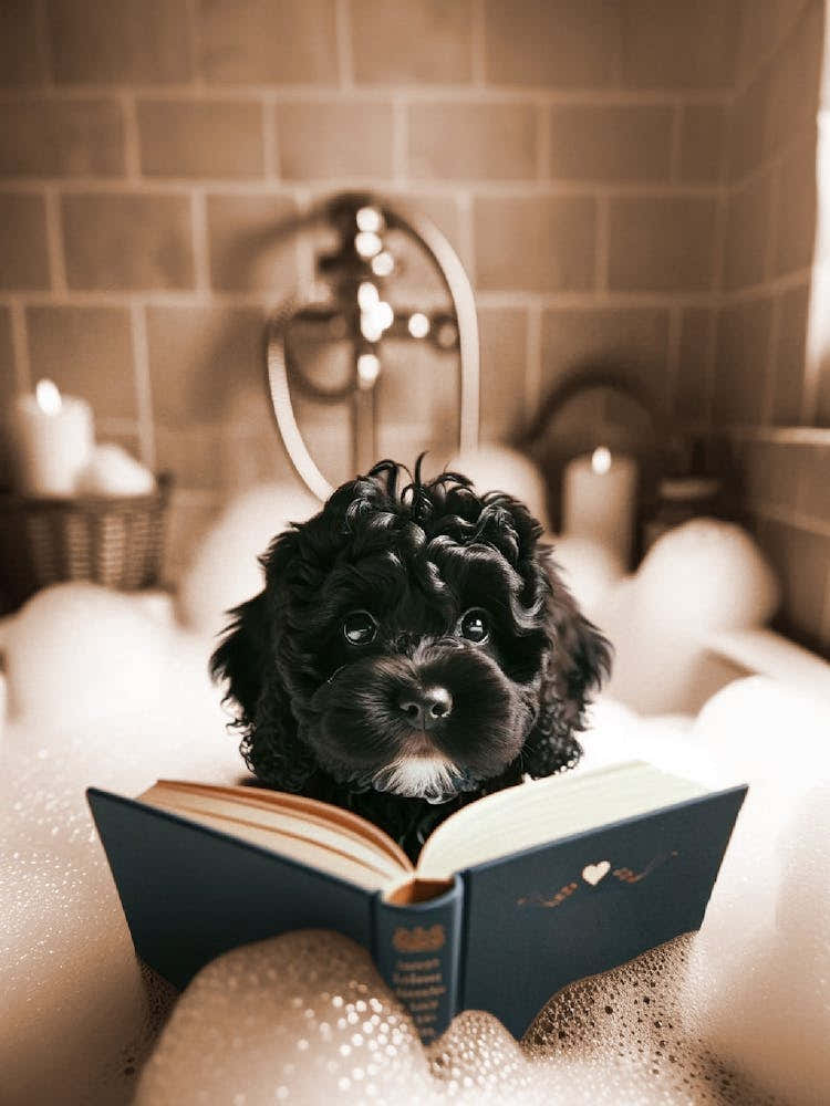 Black Cavapoo Reading in the Bath