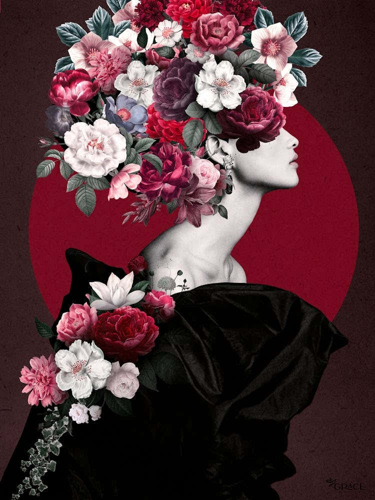 Beauty Lady I - Elegant feminine collage with red and white flowers