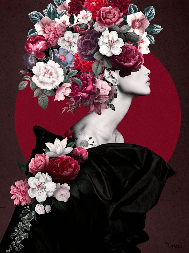 Beauty Lady I - Elegant feminine collage with red and white flowers