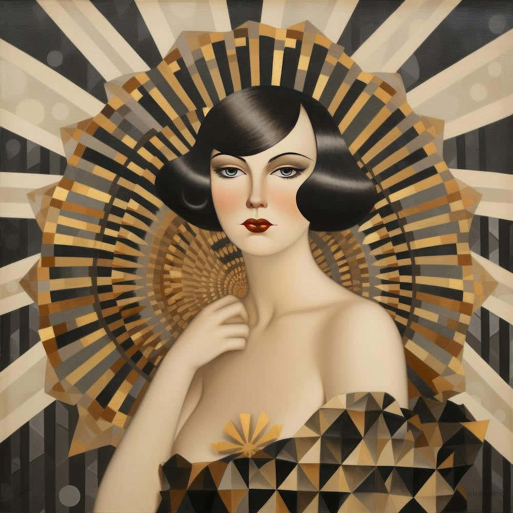 Art Deco portrait of a woman with a dramatic hairstyle, wearing a beaded dress and holding a fan