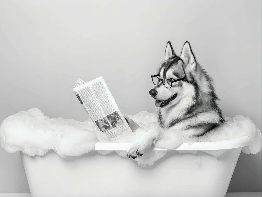 Siberian Husky In Bathtub Wall Art, Dog Reading Newspaper In Bubble Bath Poster, Black And White Print, Funny Wall Art, Bathroom Wall Decor