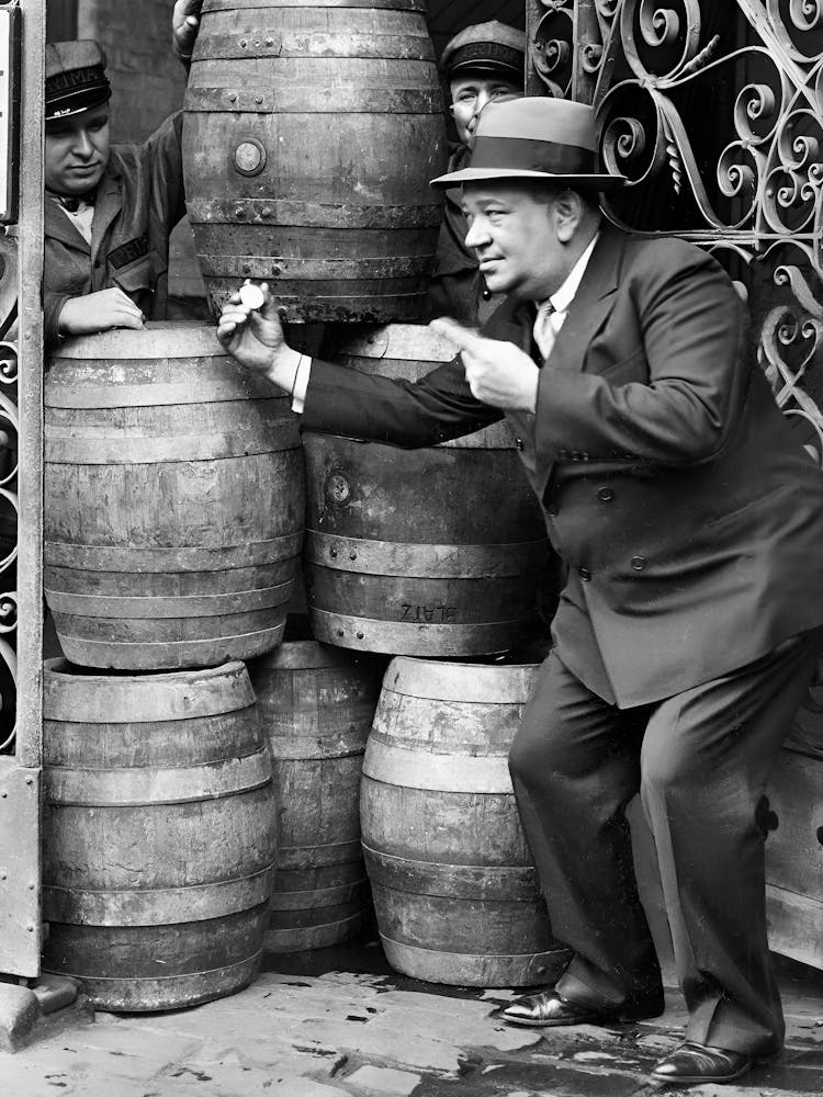Prohibition, Man With A Beer Barrel, Bar Cart Decor, Vintage Black and White Old Photo