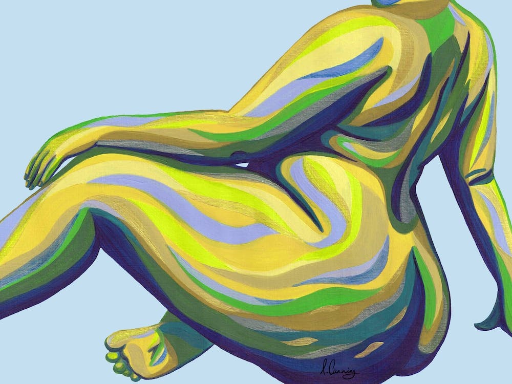 Curvy Nude Seated Woman In Yellow & Blue