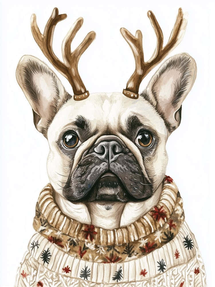 French Bulldog In Christmas Jumper And Antlers Neutral