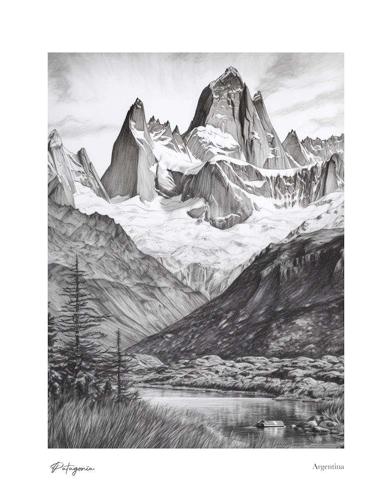 Patagonia Argentina Pencil Sketch 5 Watercolour Travel Poster