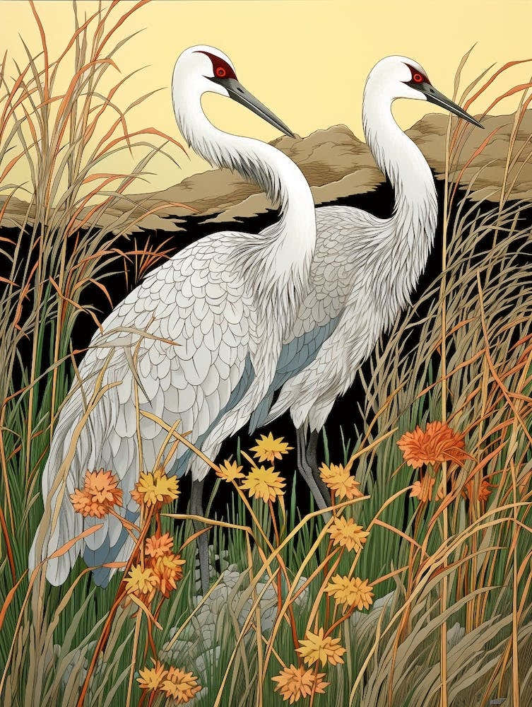 Cranes In Silver Grass 2 Vintage Japanese Botanical