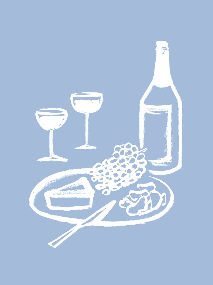 Wine and Cheese Aperitif Kitchen Illustration - White Light Blue
