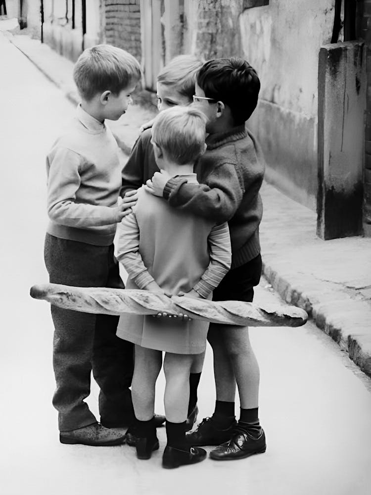 Little Boys in Paris With Baguette, Black and White Old Photo