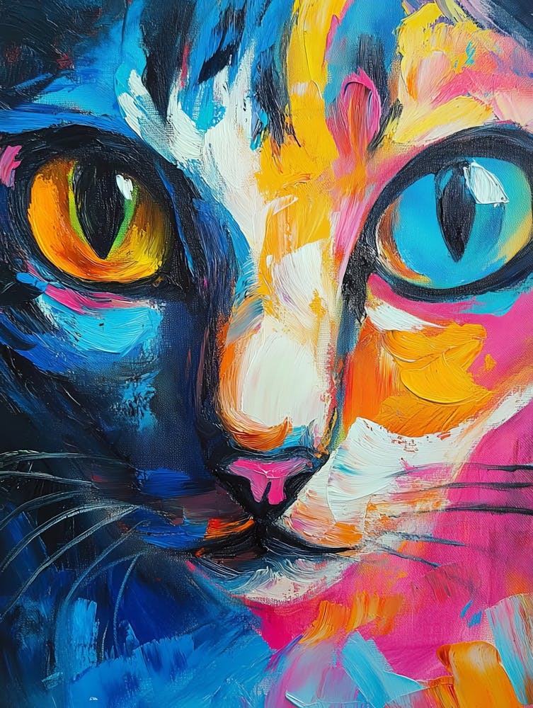 Oil Cat Portrait Painting In Multicolored Tones