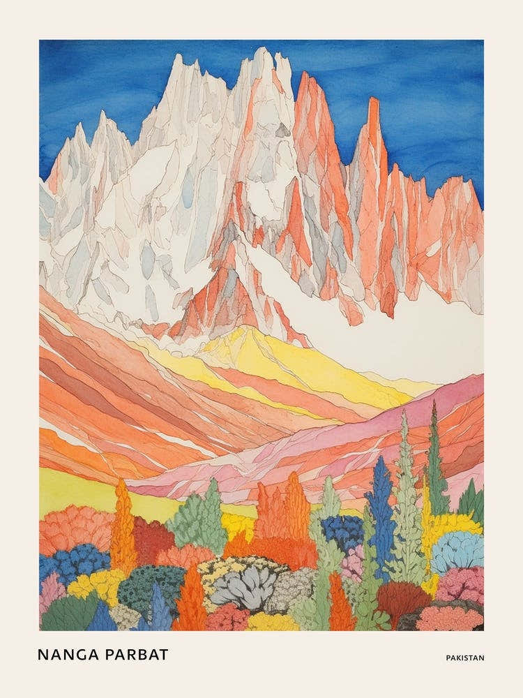 Nanga Parbat Pakistan 2 Colourful Mountain Illustration Poster
