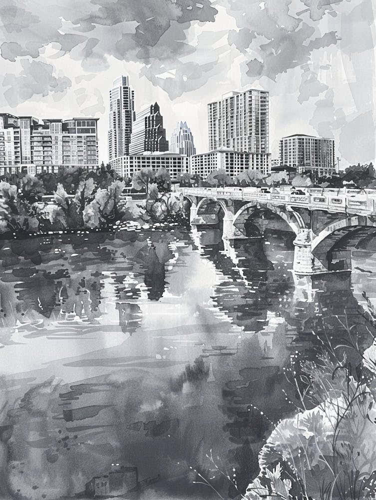 Red River Cultural District Austin Texas Black And White Watercolour 4
