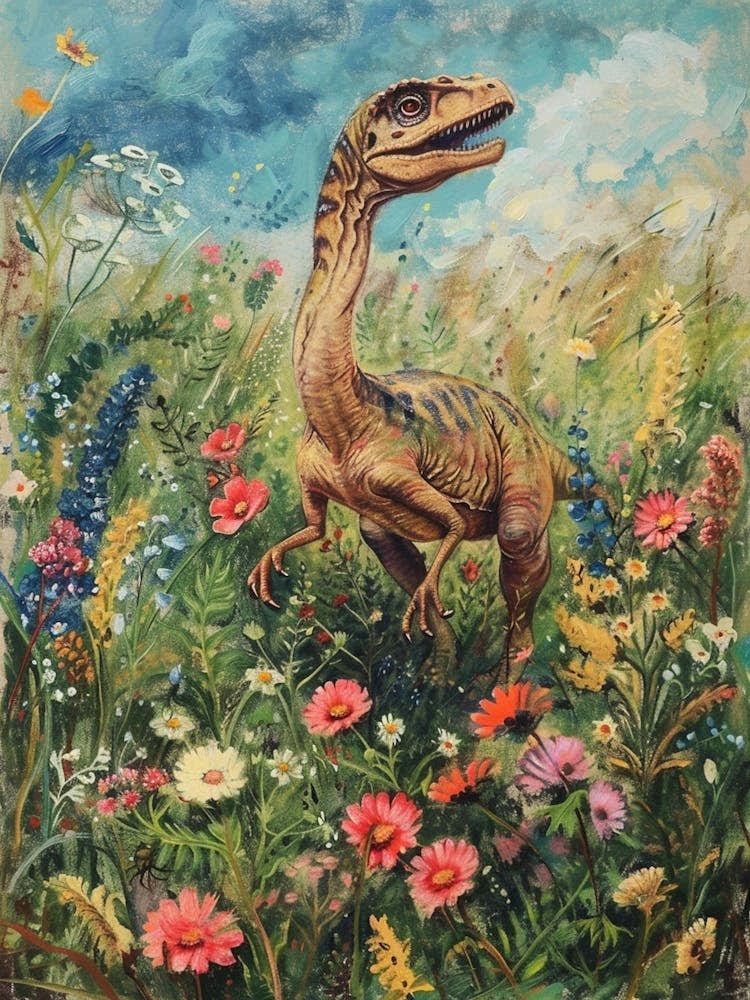 Dinosaur In A Floral Meadow Vintage Storybook Painting 2