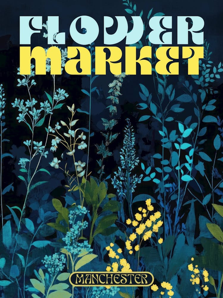 Manchester city print flower market poster in dark blues, retro aesthetic floral illustration with 70s style typography, vintage travel prints perfect for eclectic living rooms, bedrooms, kitchens, entryways
