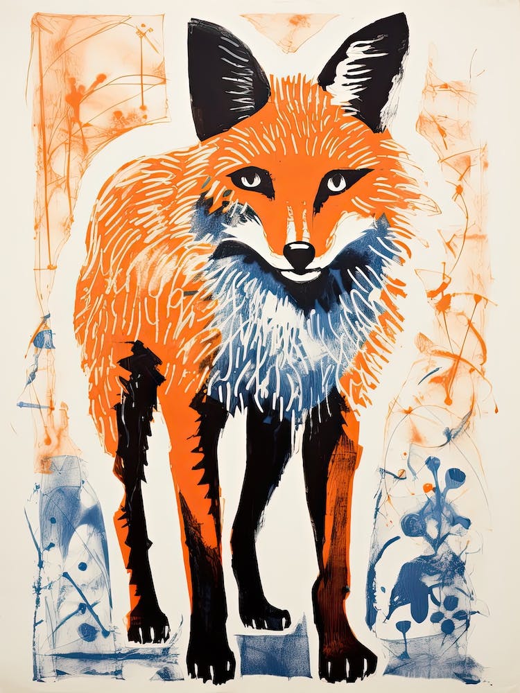 Red Fox, Woodblock Animal Drawing 2