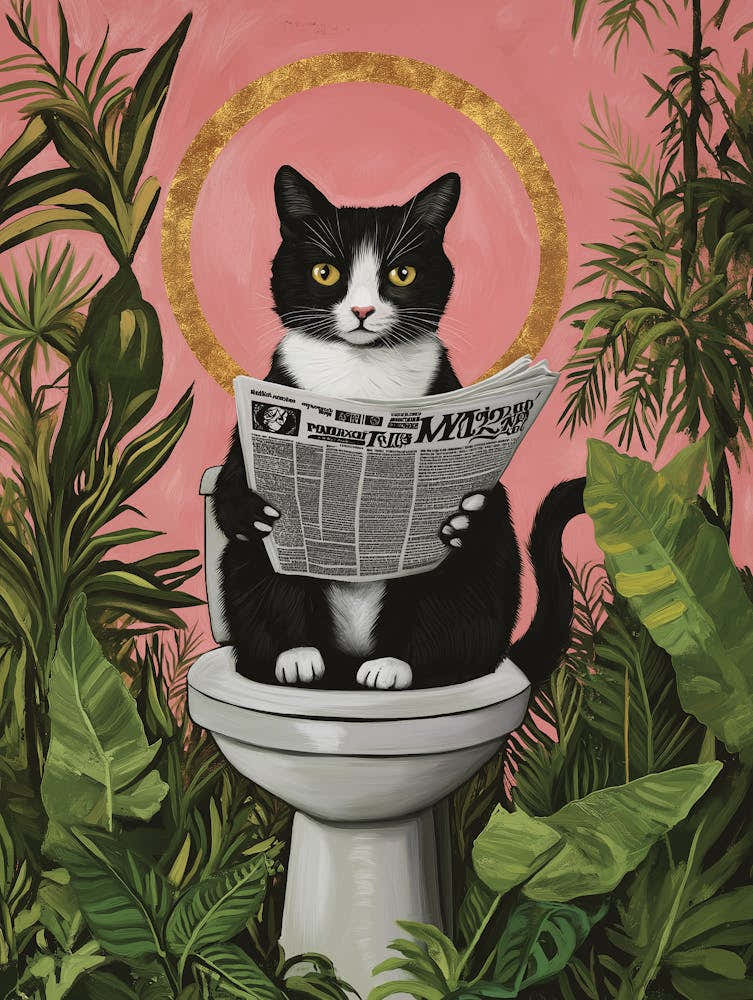 A Black And White Cat Sitting On The Open Toilet Seat Reading A Newspaper Surrounded By Lush Green Plants