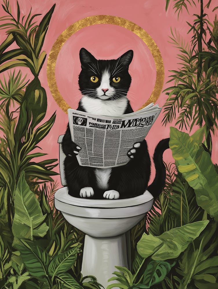 A Black And White Cat Sitting On The Open Toilet Seat Reading A Newspaper Surrounded By Lush Green Plants