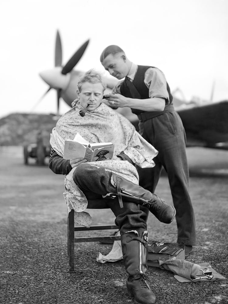 Spitfire Pilot Having His Hair Cut, Vintage Black and White Old Photo