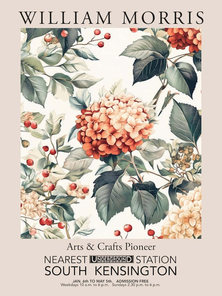 William Morris Prints Hydrangea Red Christmas Gift Winter Vintage