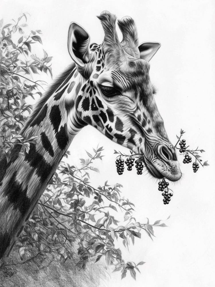 Giraffe Eating Berries Pencil Drawing 2