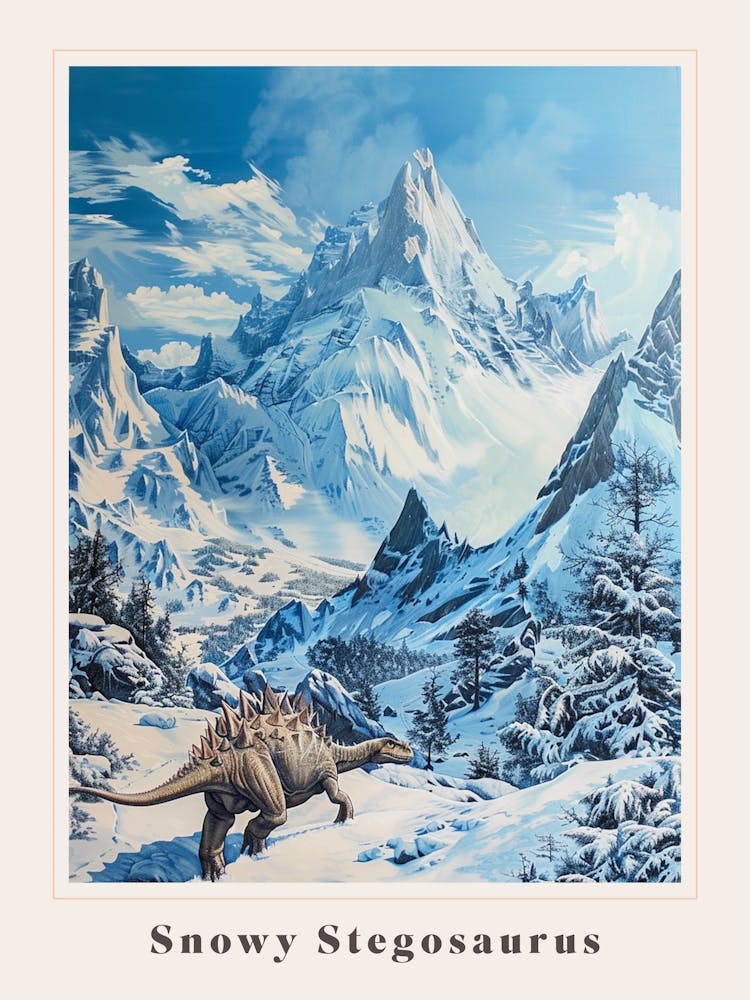 Stegosaurus Snowy Landscape Painting Poster
