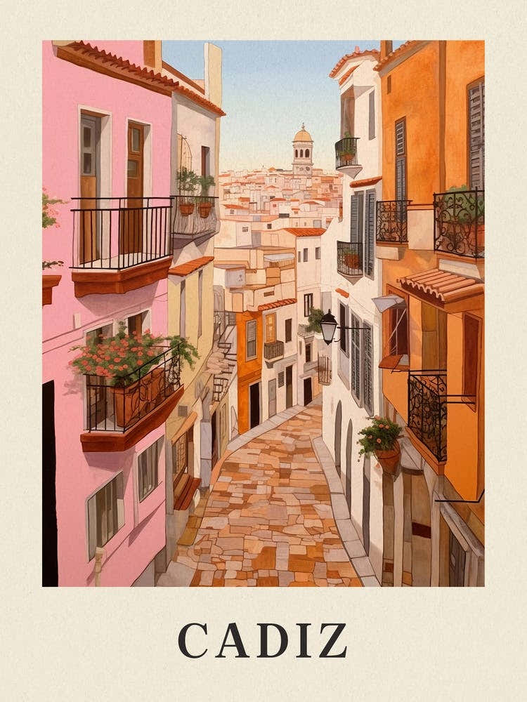 Cadiz Spain 3 Vintage Pink Travel Illustration Poster